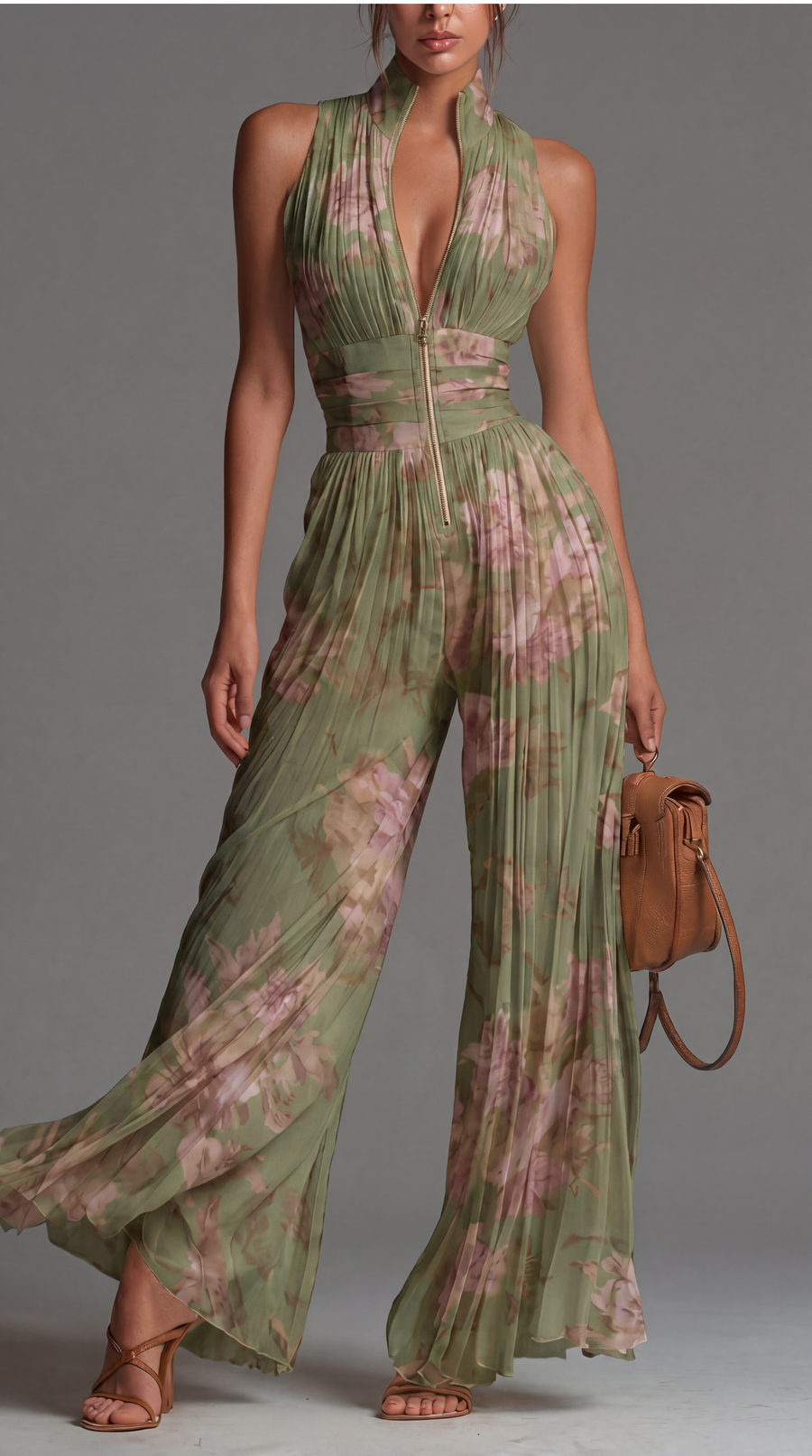 Zsófia Jumpsuit | Pleated Chiffon Jumpsuit in Green