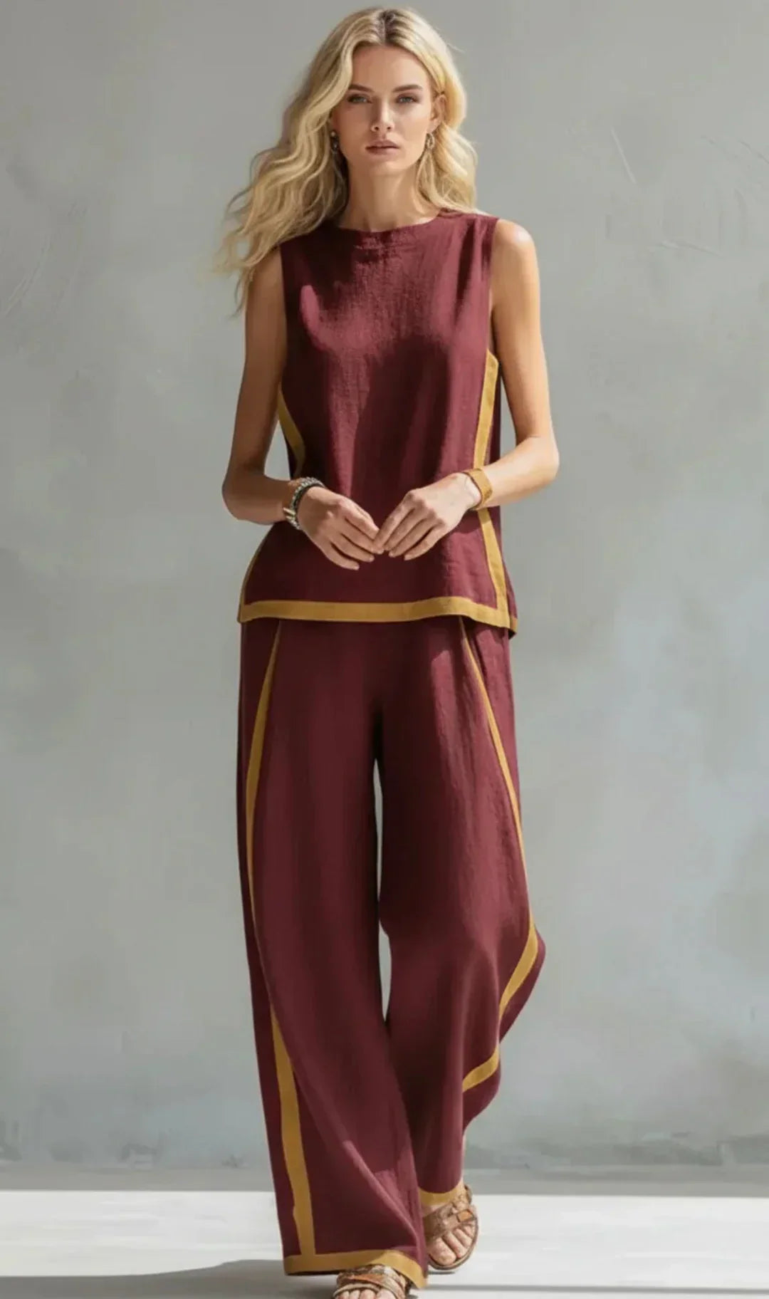 Ursula – Chic-casual gilet and trouser set with two-tone finishes