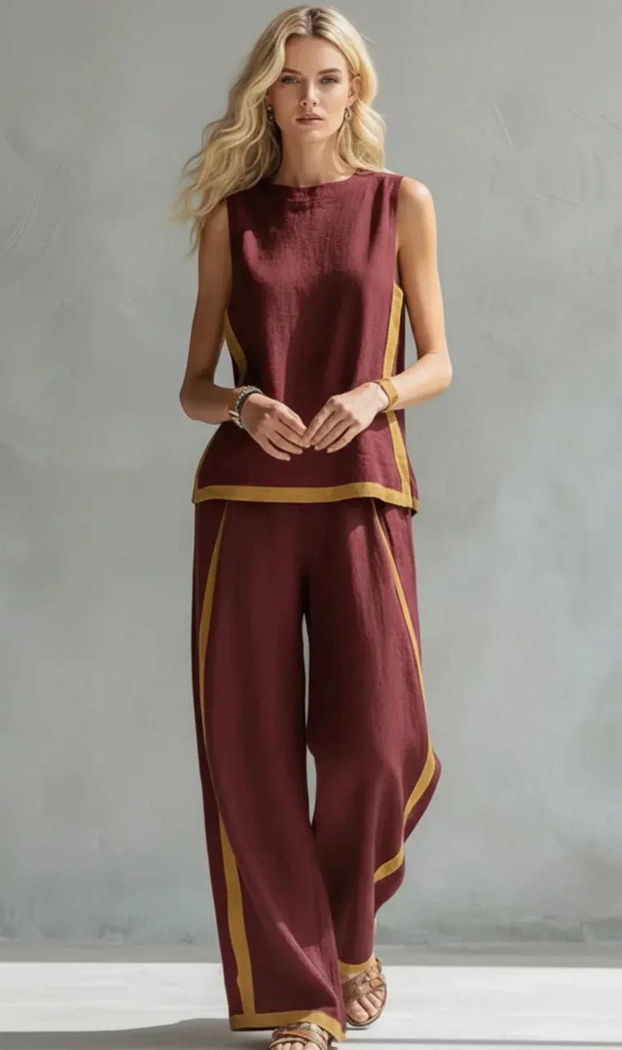 Ursula – Chic-casual gilet and trouser set with two-tone finishes