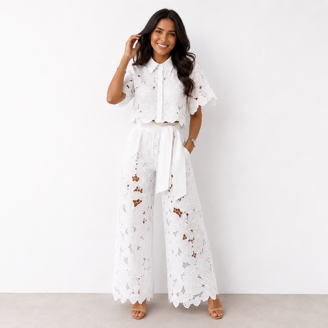 Isabella | Lace Crop Shirt & Tie-Waist Trousers Set