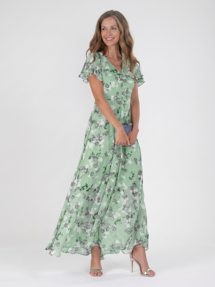 Jasmin | Floral Print Ruffle Sleeve Maxi Dress