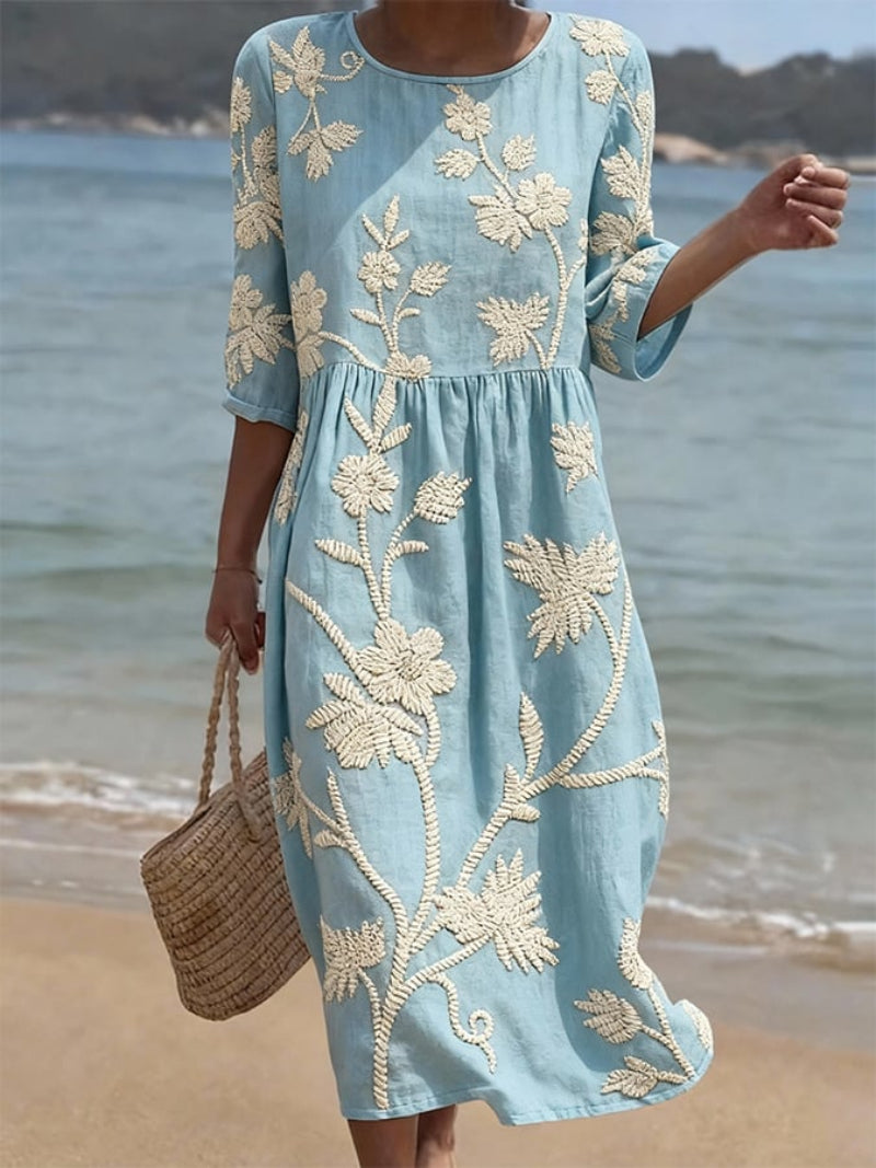 Livia | Floral Embroidered Gathered Midi Dress