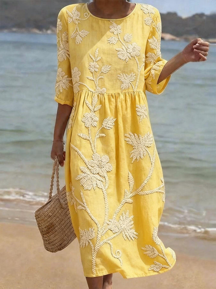 Livia | Floral Embroidered Gathered Midi Dress
