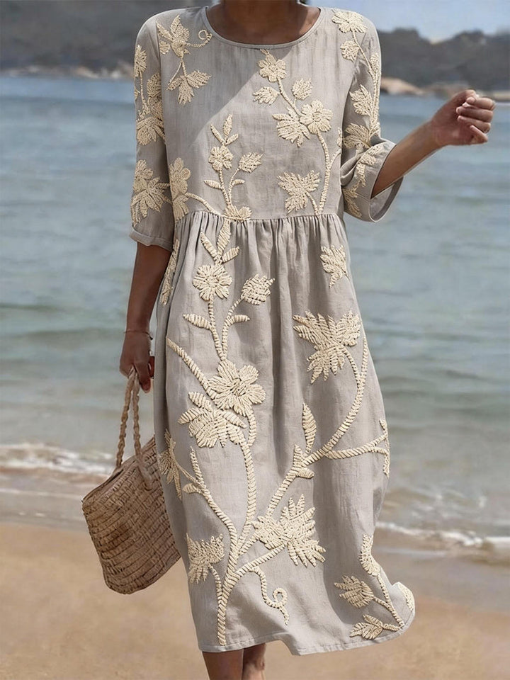 Livia | Floral Embroidered Gathered Midi Dress