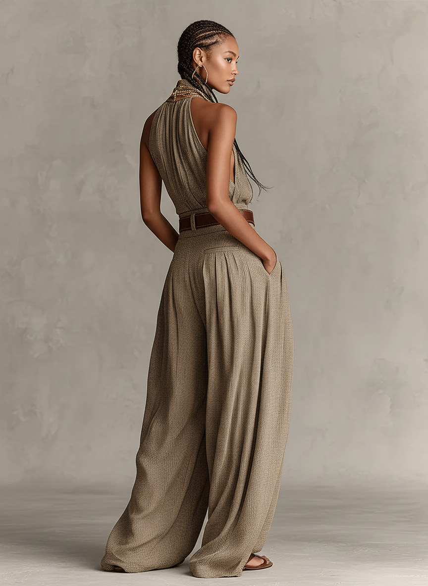 Lucie - Women's Taupe Jumpsuit with Halter Neck and Fitted Cut