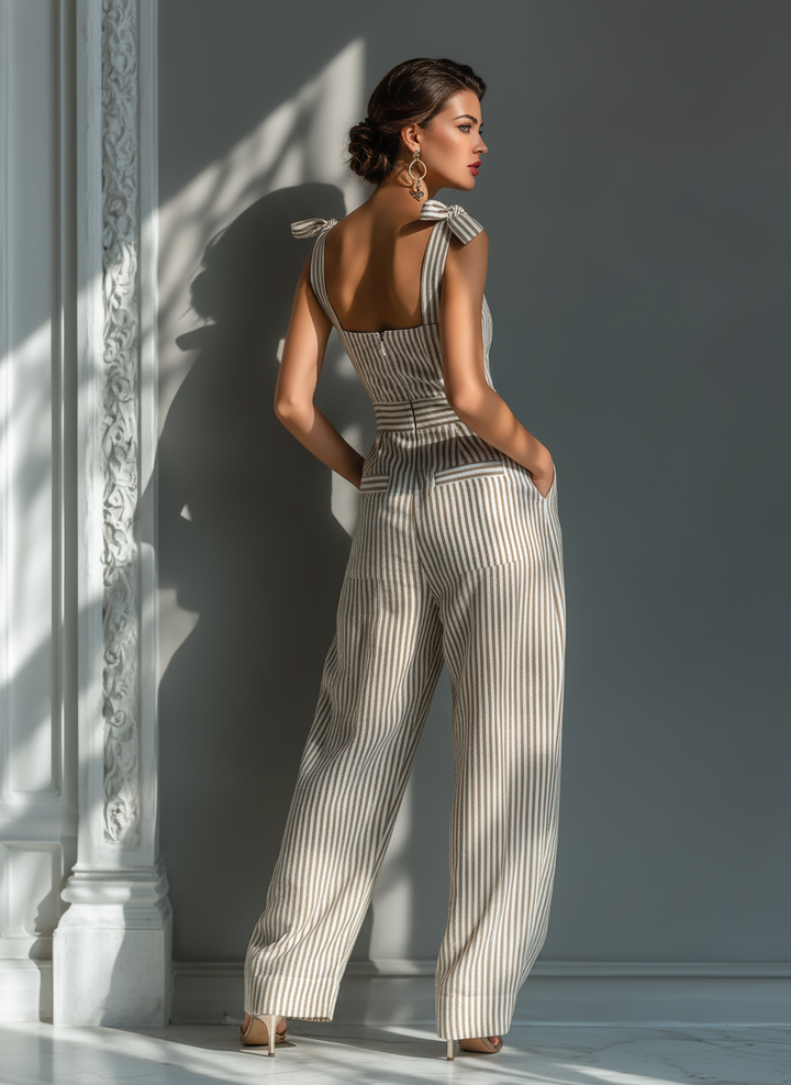 Céleste - Striped Beige and White Linen Blend Jumpsuit