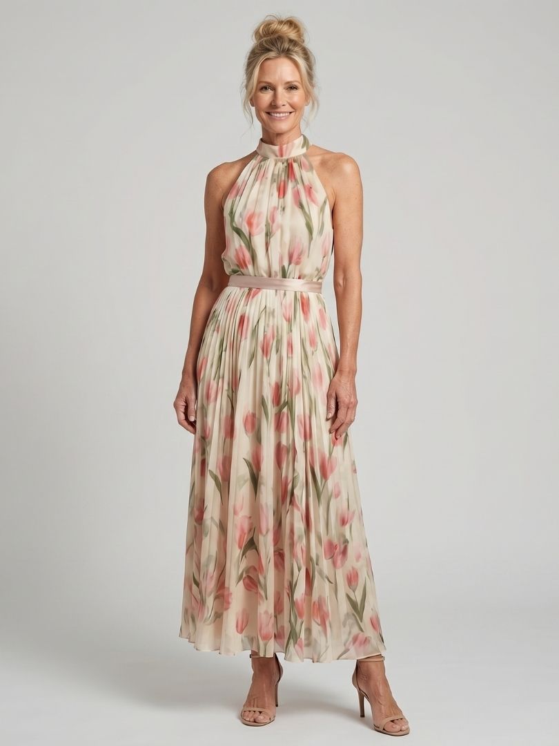 Aurelle | Tulip Print Halter Pleated Midi Dress