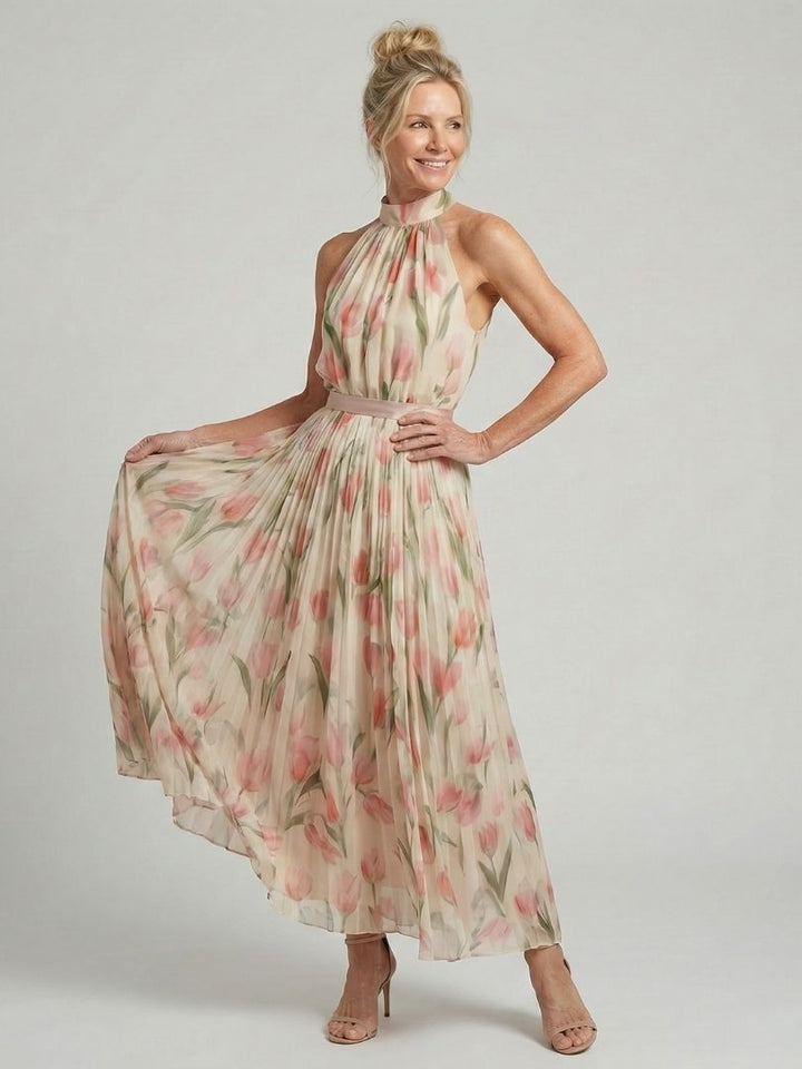 Aurelle | Tulip Print Halter Pleated Midi Dress