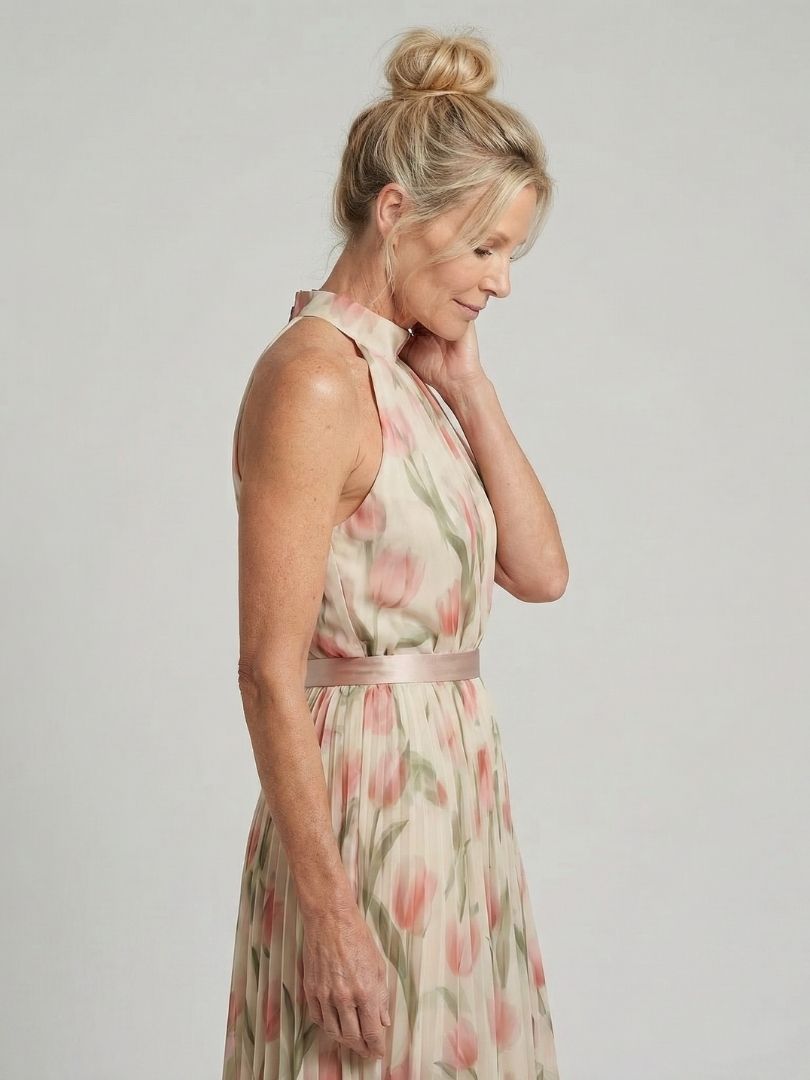 Aurelle | Tulip Print Halter Pleated Midi Dress