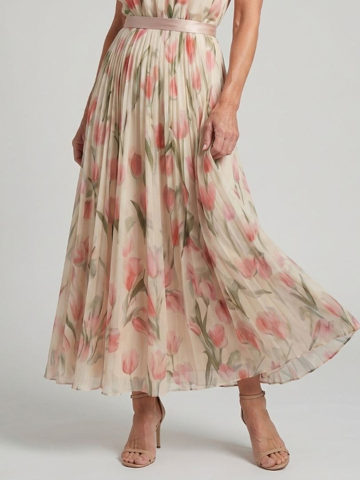 Aurelle | Tulip Print Halter Pleated Midi Dress