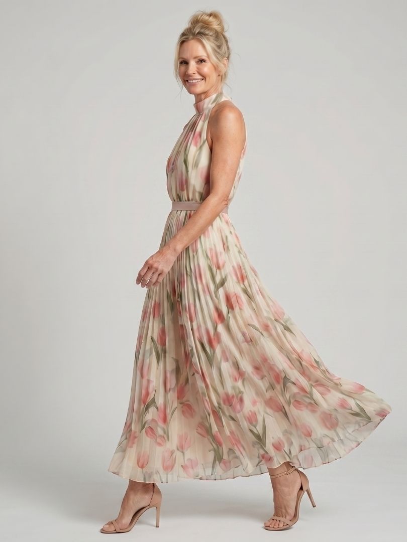 Aurelle | Tulip Print Halter Pleated Midi Dress