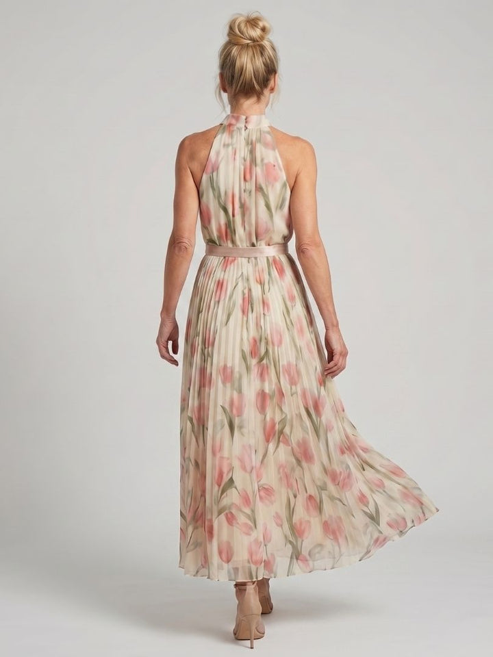 Aurelle | Tulip Print Halter Pleated Midi Dress