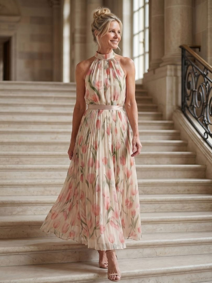 Aurelle | Tulip Print Halter Pleated Midi Dress