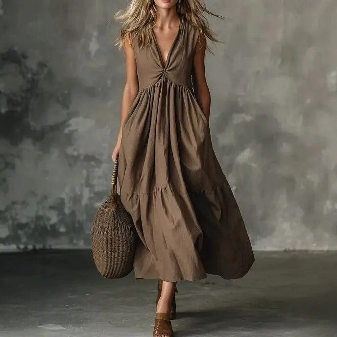 Eloise Twist-Front Tiered Maxi Dress - Brown