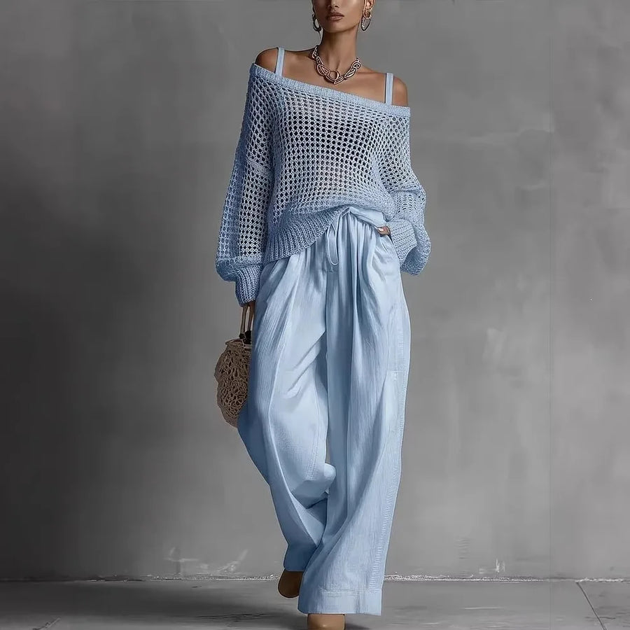 Claribel | Crochet Knit Top & Wide-Leg Trousers Set
