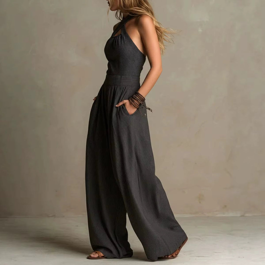 Wren | Crossover Halter Wide-Leg Jumpsuit