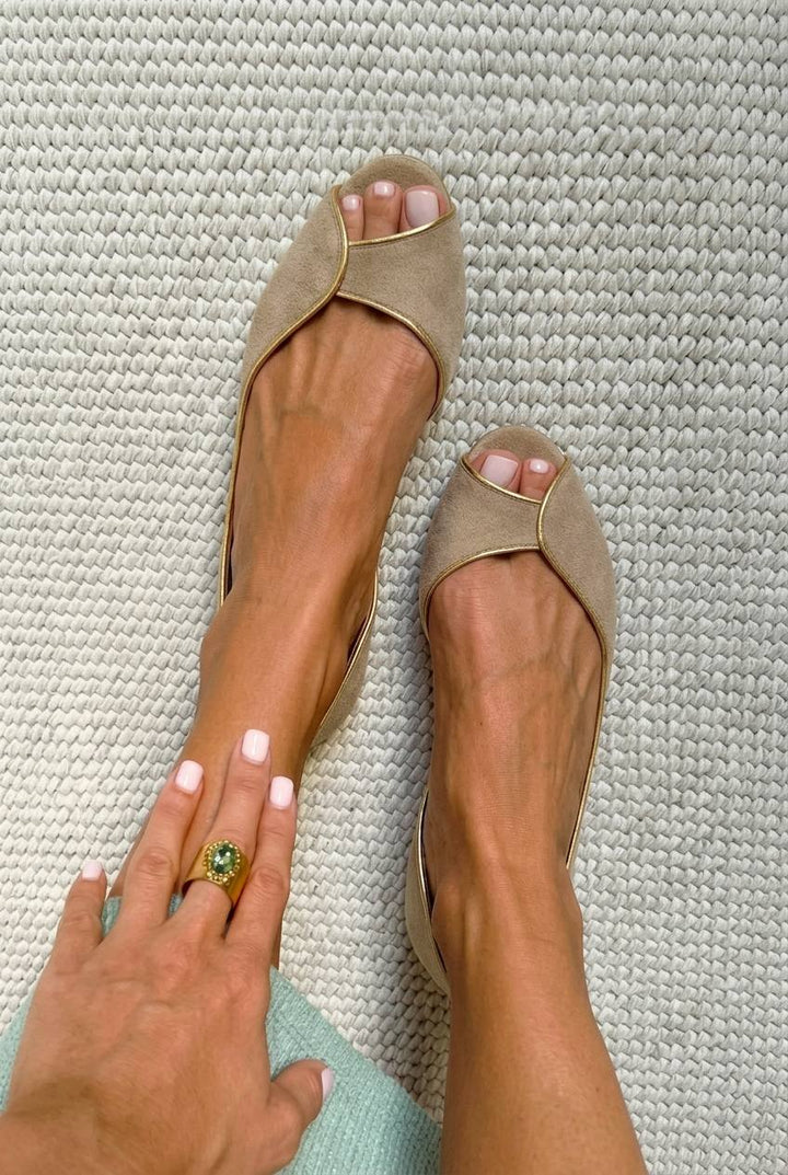 Beige and Gold Suede Peep Toe D'Orsay Flats
