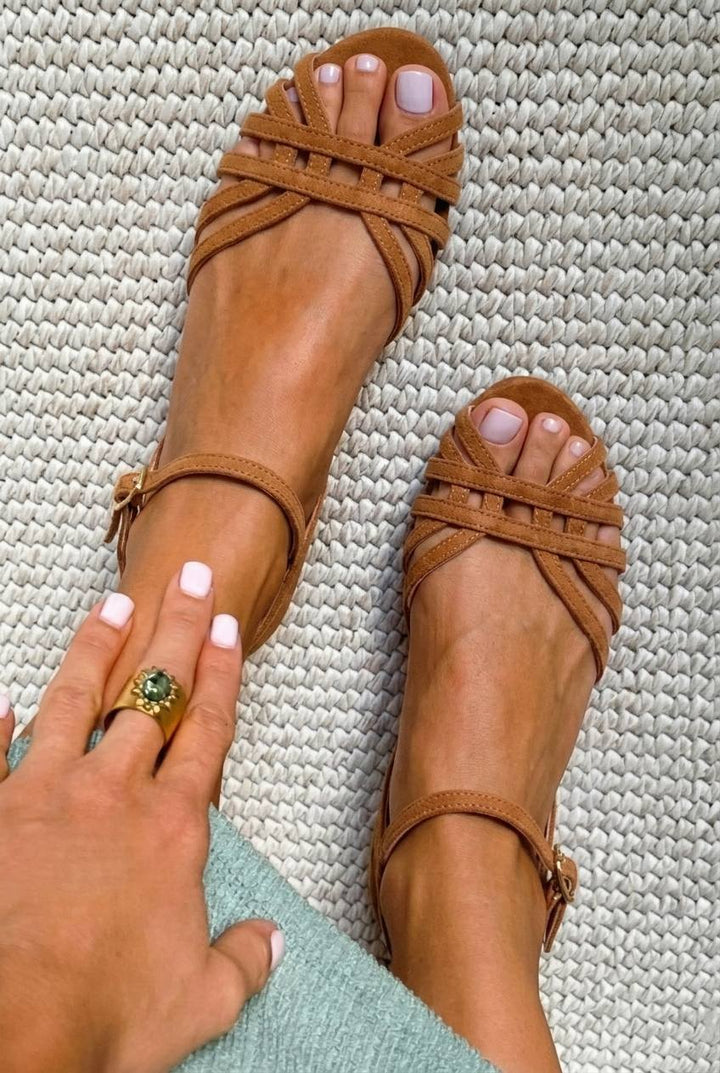 Low Suede Leather Sandals with Ankle Buckle and Multiple Straps