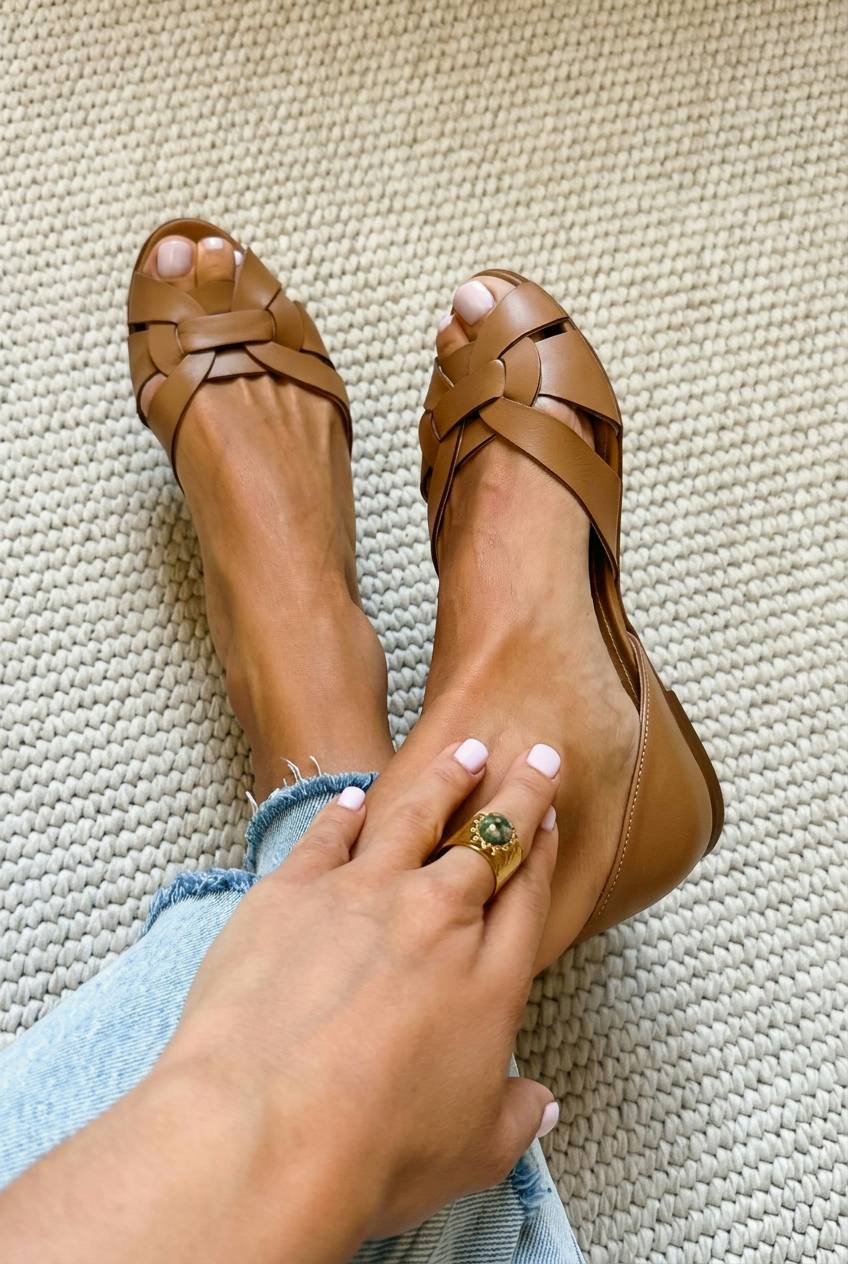 Woven Peep Toe Ballet Flats in Faux Leather with Crossed Straps and Closed Heel