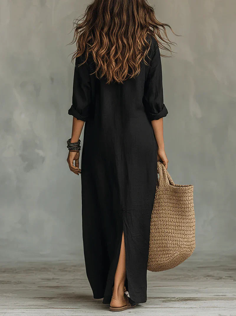 Céline™ | Black Maxi Button-Up Dress