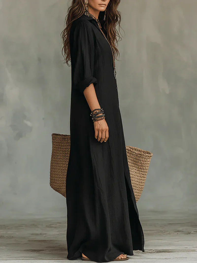 Céline™ | Black Maxi Button-Up Dress