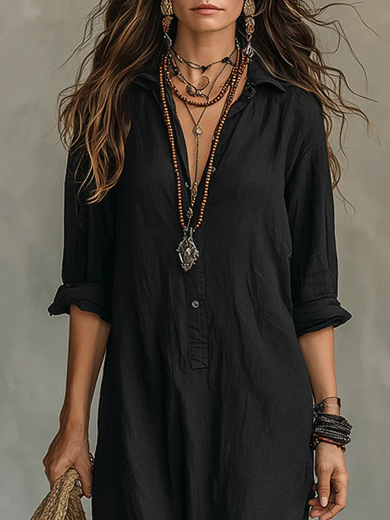 Céline™ | Black Maxi Button-Up Dress