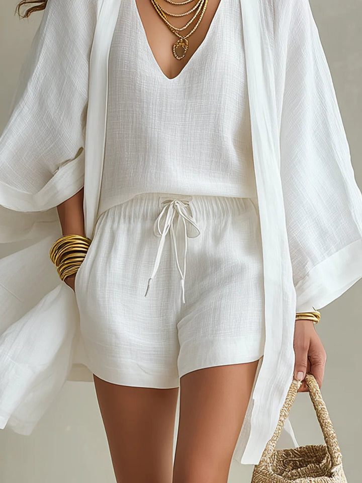 Camila | Three-Piece Polyester-Linen Cardigan & Shorts Set