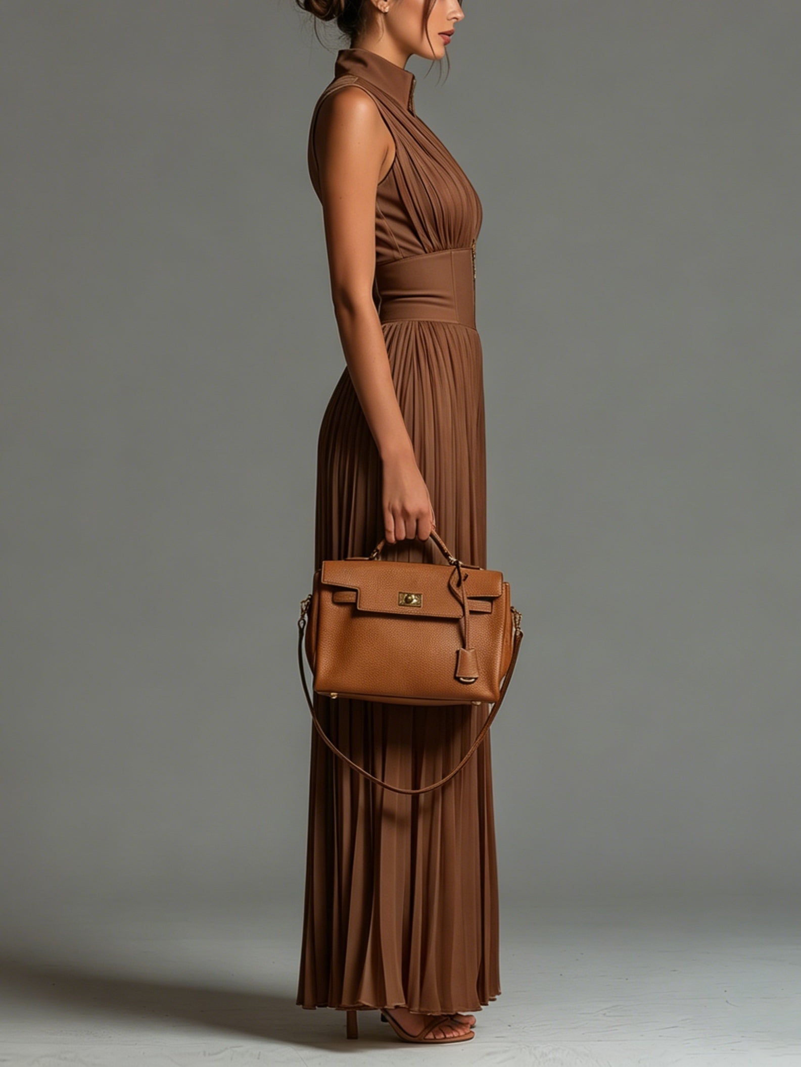 Zsófia Jumpsuit | Jumpsuit made of pleated chiffon in caramel colour