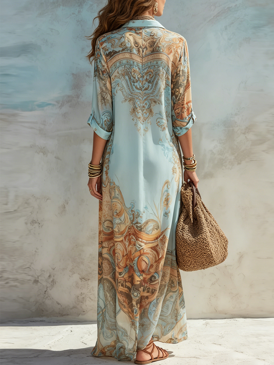 Celeste | Baroque Print Button-Down Maxi Dress