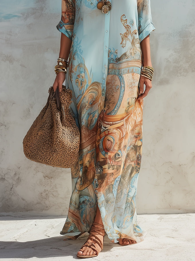 Celeste | Baroque Print Button-Down Maxi Dress