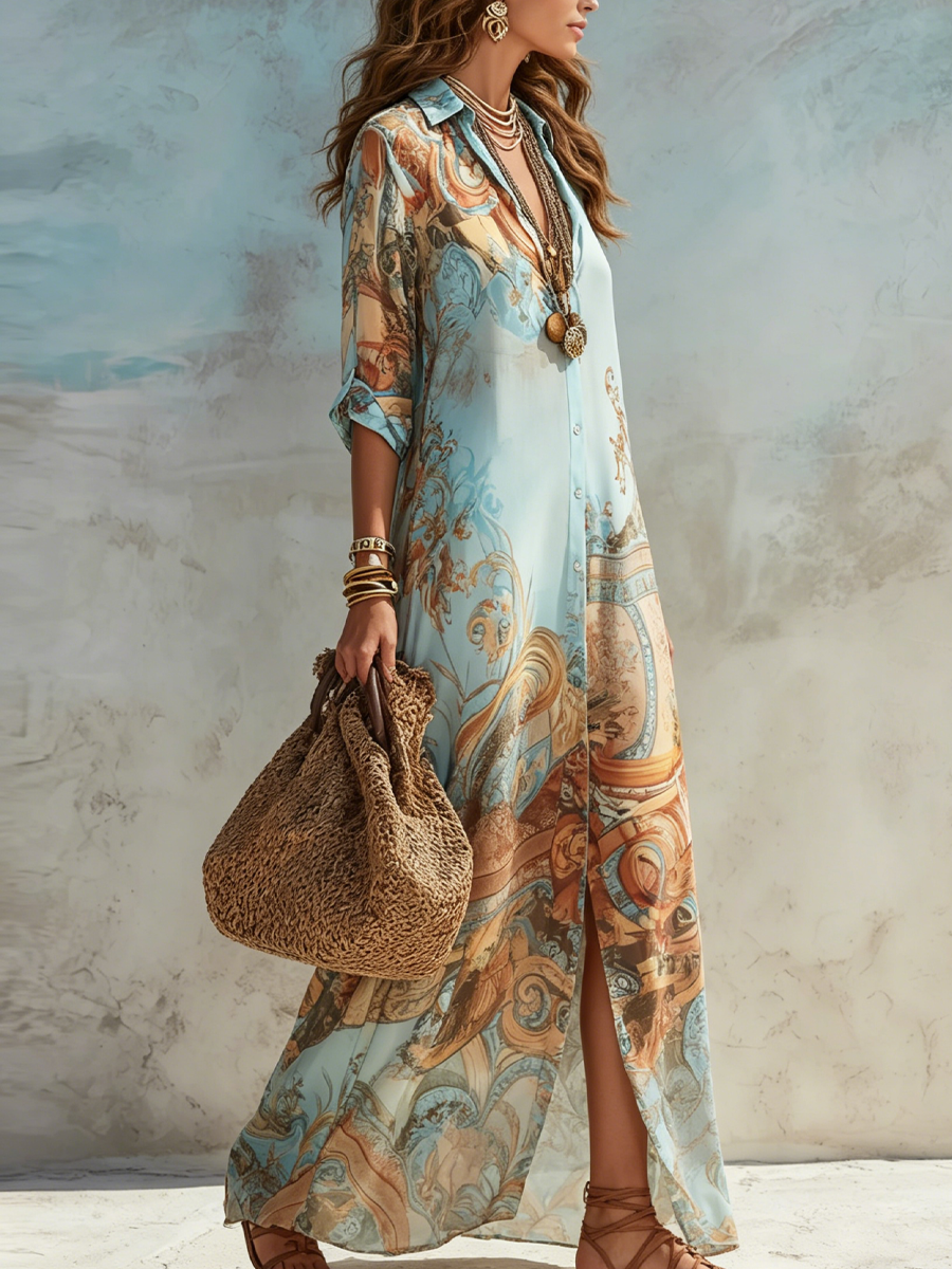 Celeste | Baroque Print Button-Down Maxi Dress