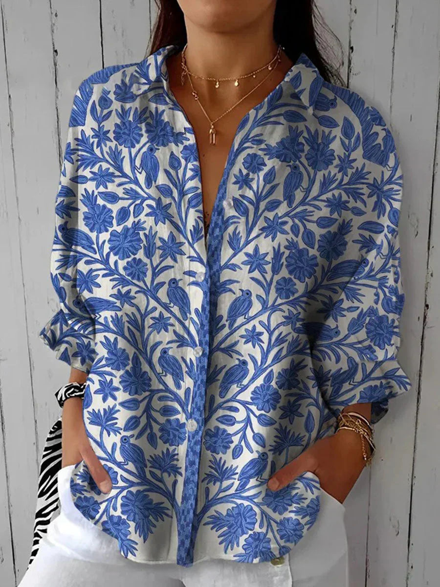 Fiona | Botanical Print Button-Down Blouse