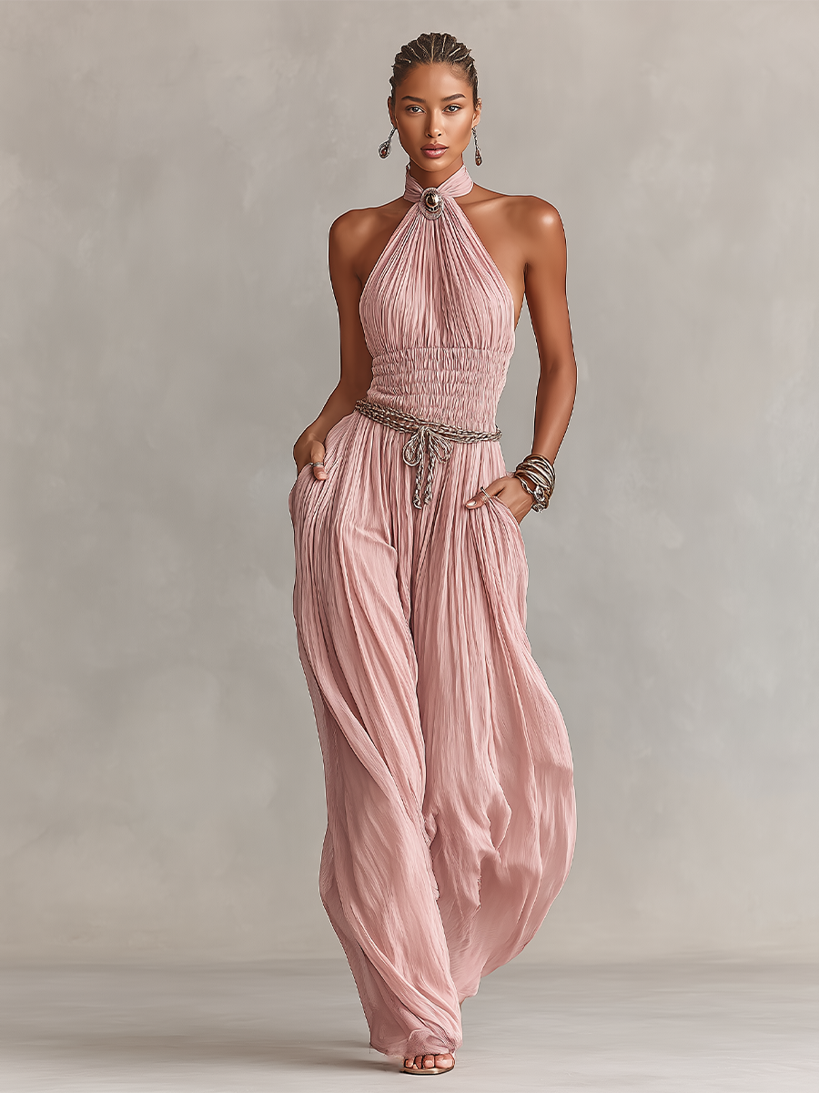 Margaux - Pleated Jumpsuit for Women in Pink with Halter Neck & Gathered Waist
