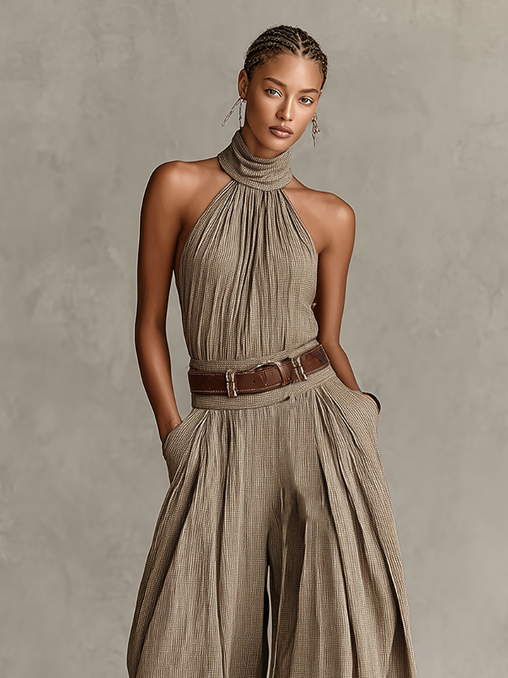Lucie - Women's Taupe Jumpsuit with Halter Neck and Fitted Cut