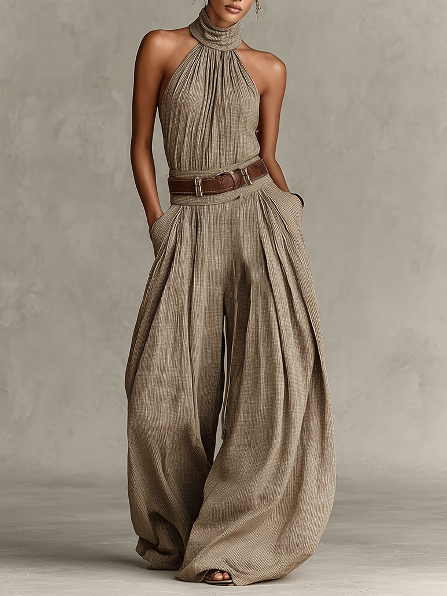 Lucie - Women's Taupe Jumpsuit with Halter Neck and Fitted Cut