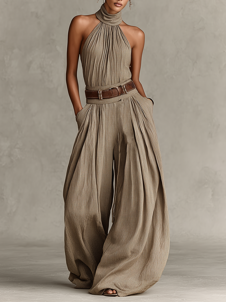Lucie - Women's Taupe Jumpsuit with Halter Neck and Fitted Cut