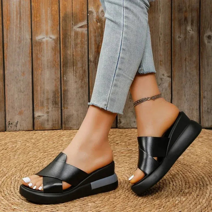 Cleo | Cross-Strap Platform Wedge Mules