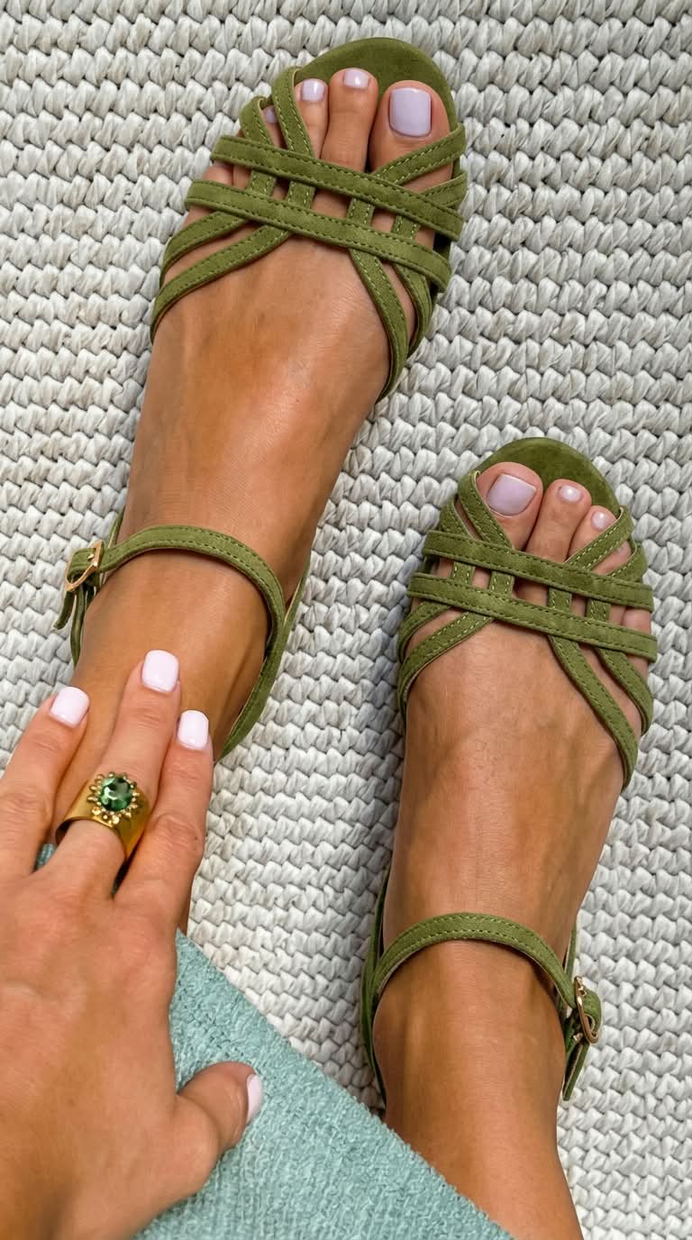 Low Suede Leather Sandals with Ankle Buckle and Multiple Straps