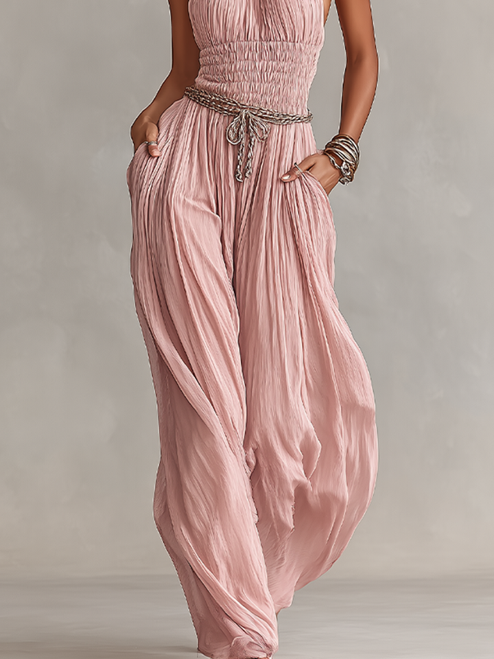 Margaux - Pleated Jumpsuit for Women in Pink with Halter Neck & Gathered Waist
