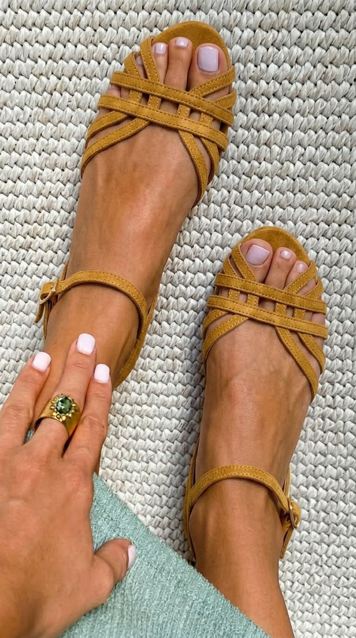 Low Suede Leather Sandals with Ankle Buckle and Multiple Straps