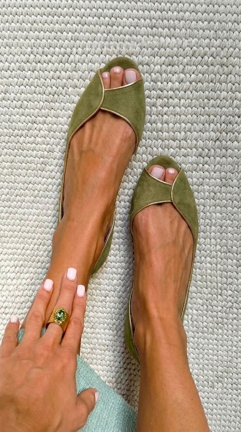 Beige and Gold Suede Peep Toe D'Orsay Flats