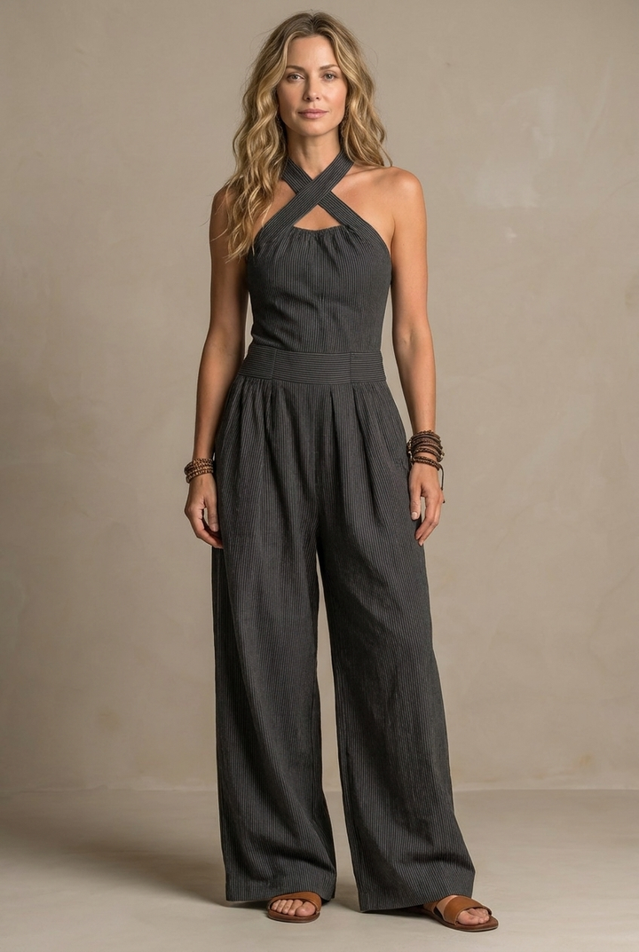Wren | Crossover Halter Wide-Leg Jumpsuit