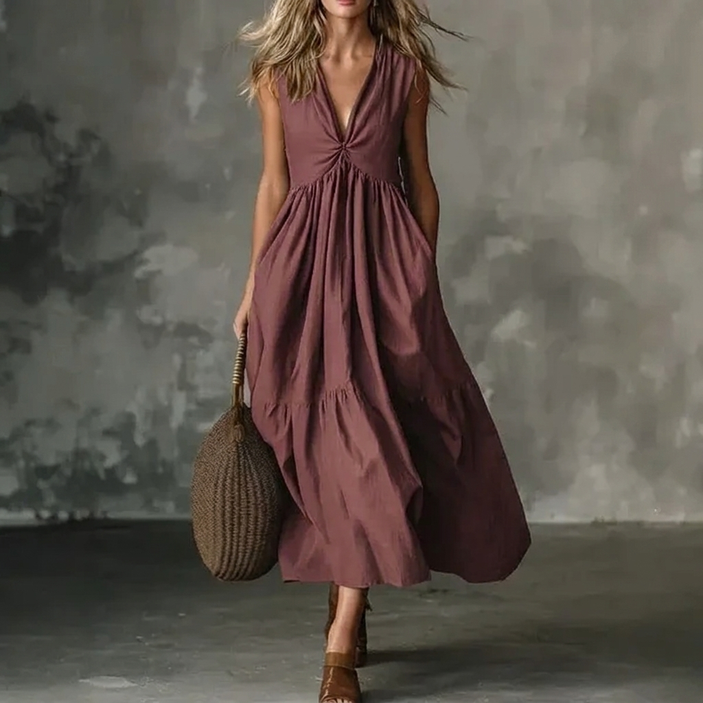 Eloise Twist-Front Tiered Maxi Dress - Burgundy