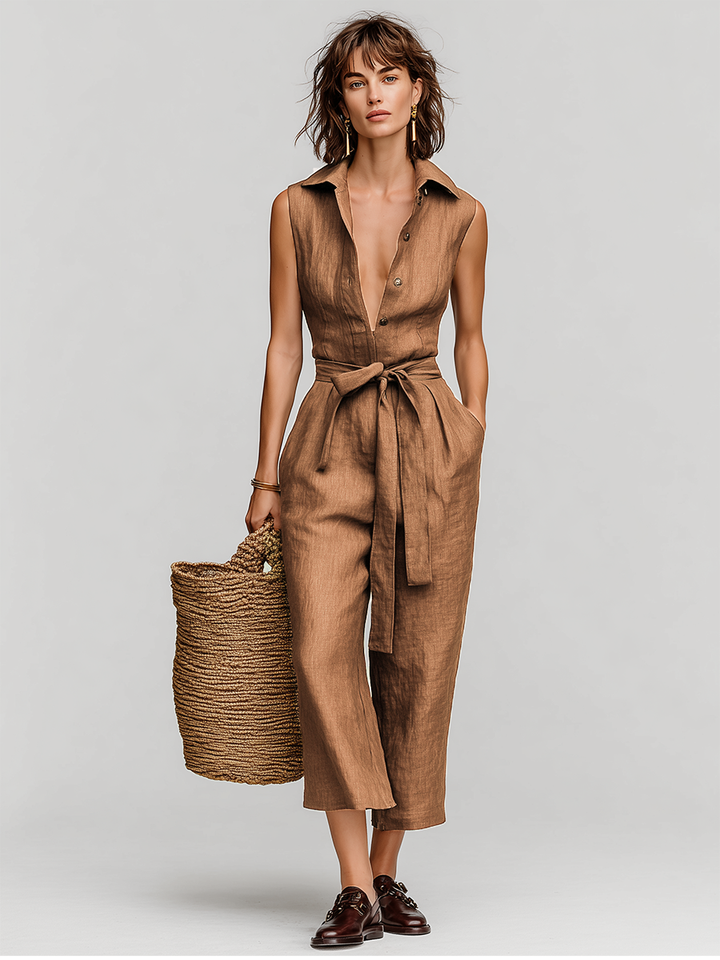 Élodie - Brown Tobacco Linen Dungarees