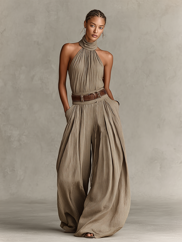 Lucie - Women's Taupe Jumpsuit with Halter Neck and Fitted Cut