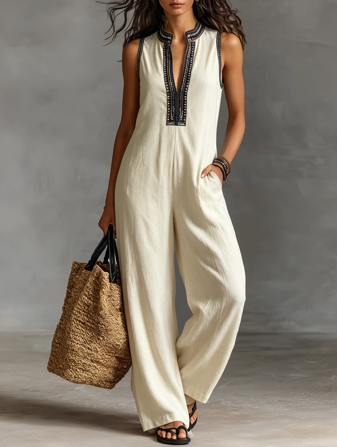 Clémence - Sleeveless Minimalist Linen Blend Jumpsuit