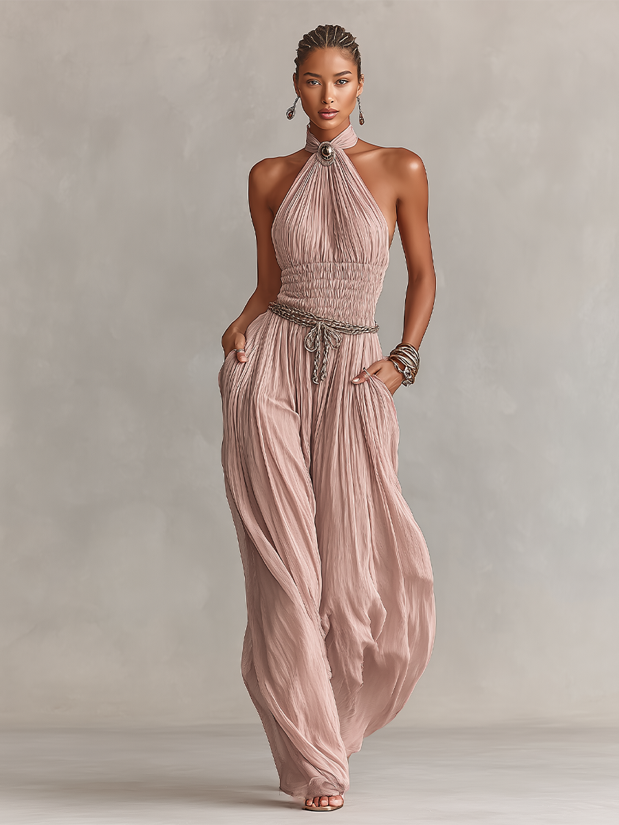 Margaux - Pleated Jumpsuit for Women in Pink with Halter Neck & Gathered Waist