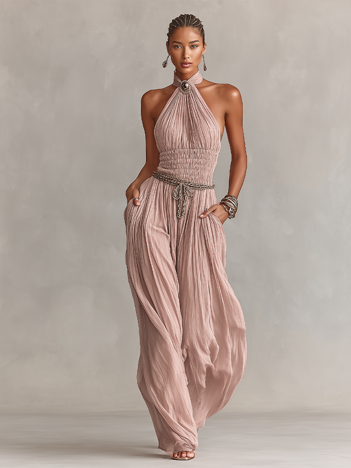 Margaux - Pleated Jumpsuit for Women in Pink with Halter Neck & Gathered Waist
