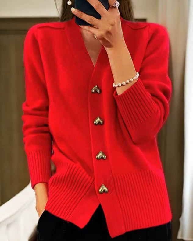 Michaela V-Neck Button-Front Cardigan - Red