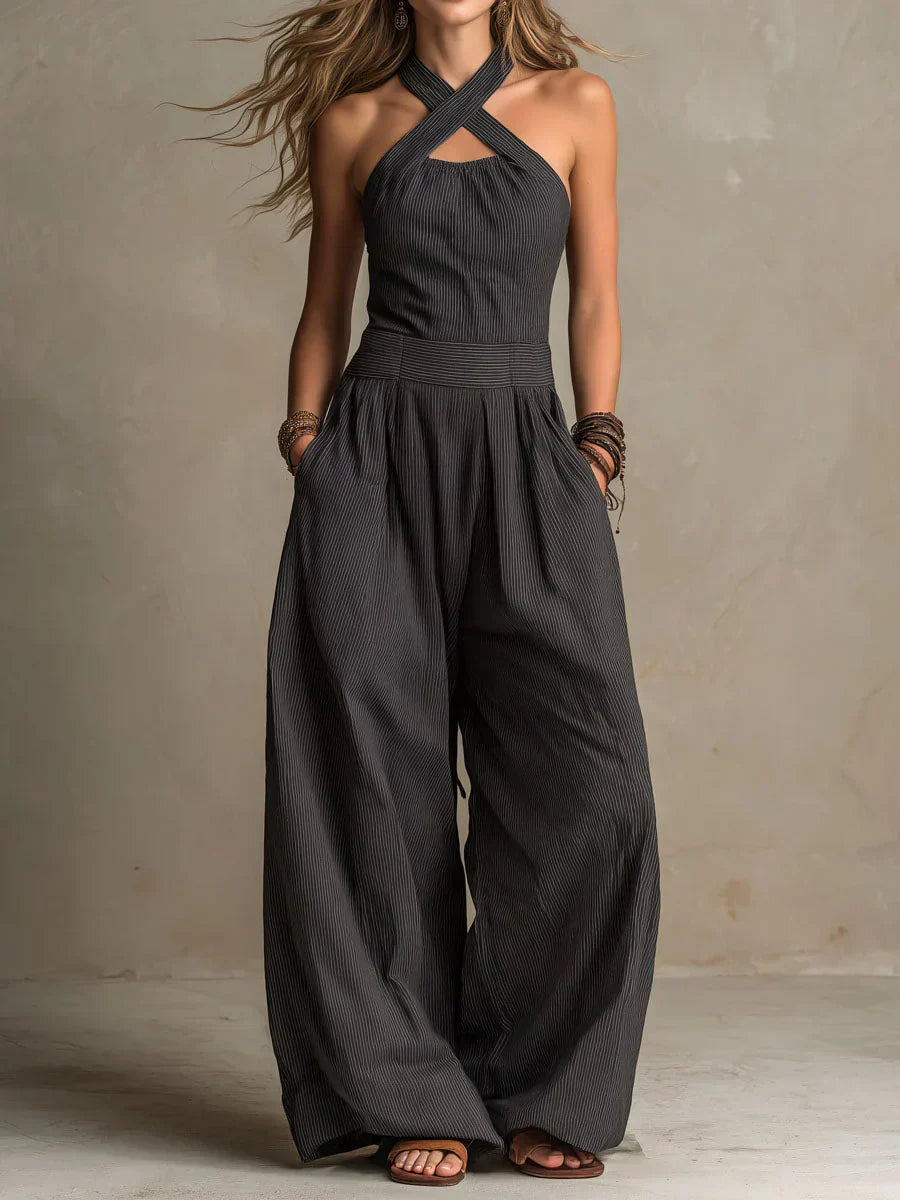 Wren | Crossover Halter Wide-Leg Jumpsuit